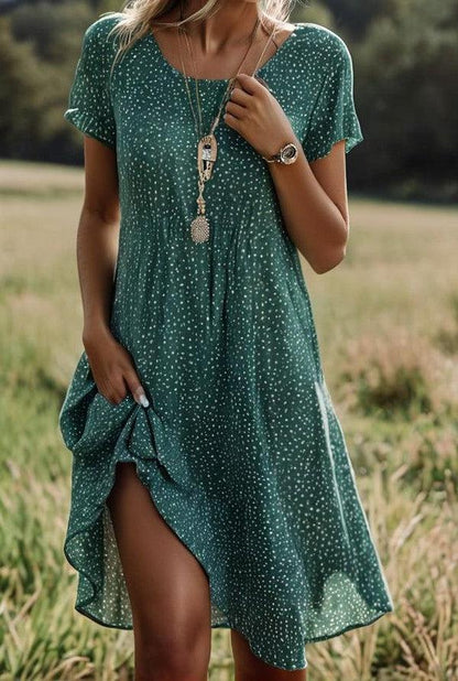 Chic Short Sleeve Polka Dot Green Midi Dress