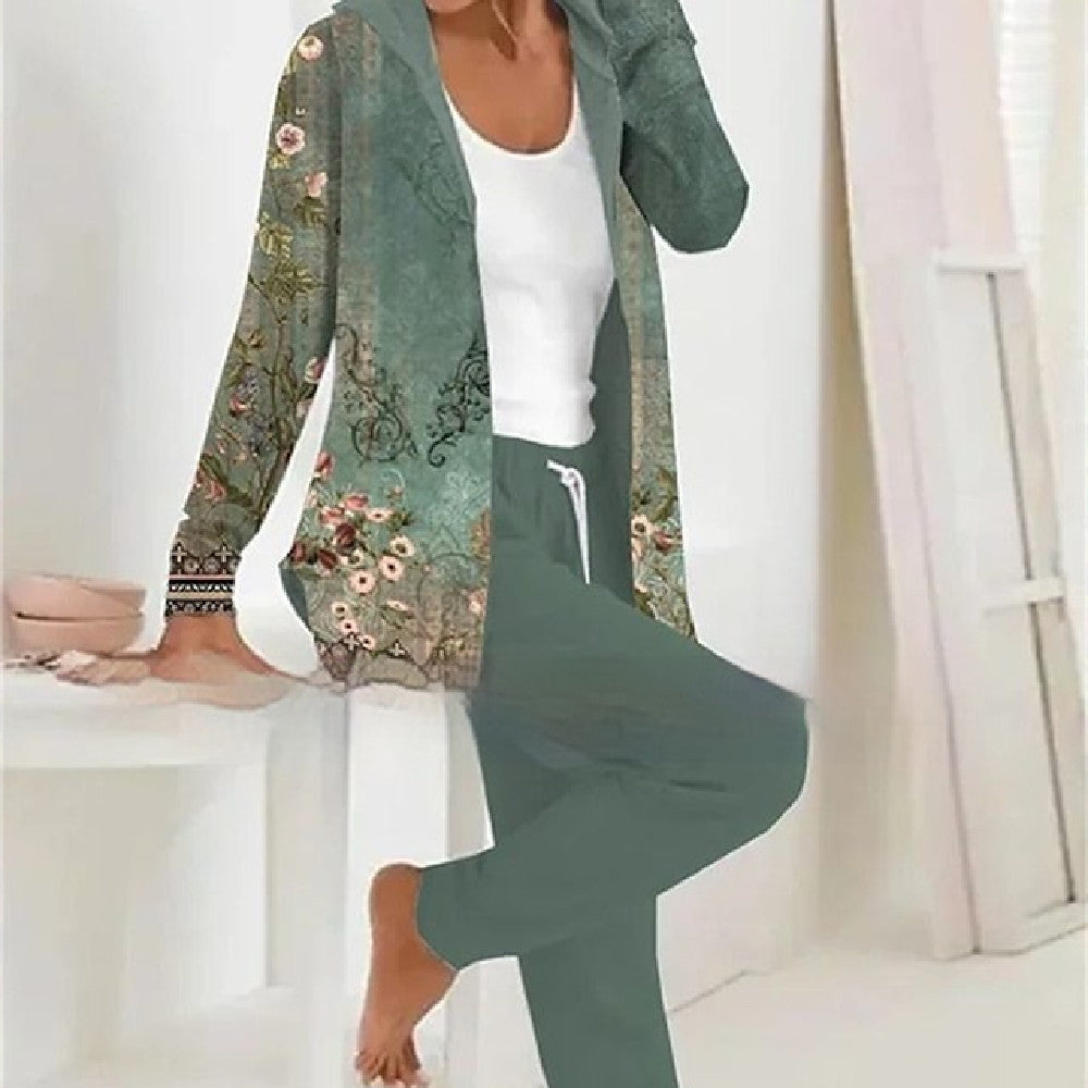 Printed Cardigan Coat and Solid Color Two-Piece Set