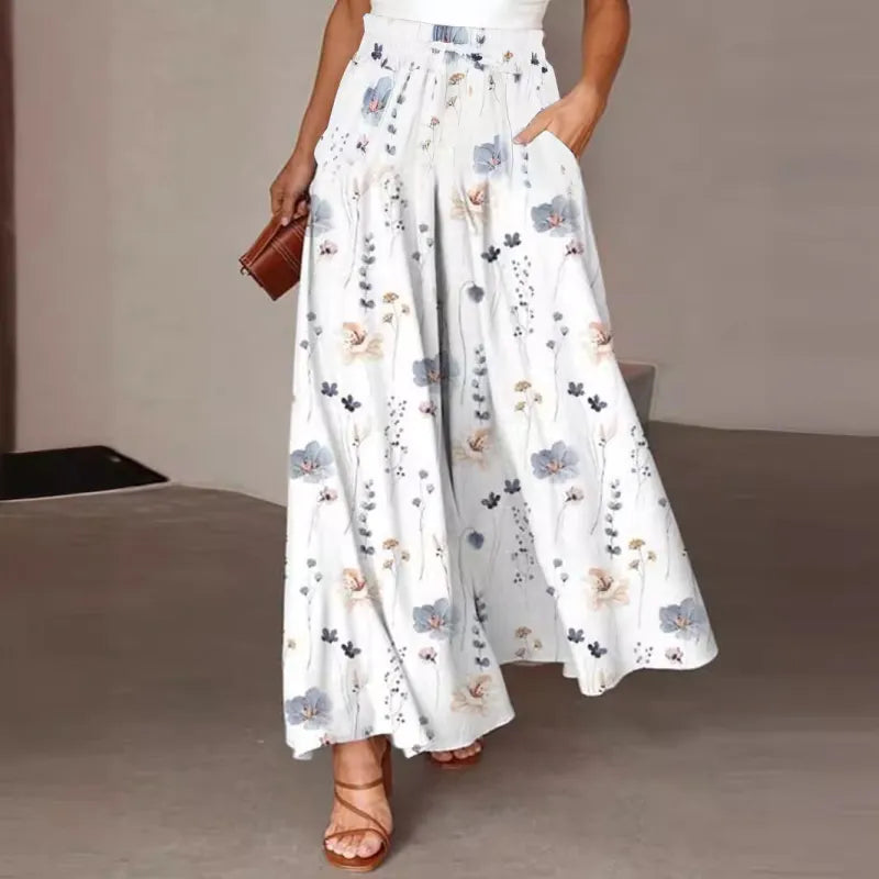 Fresh Floral Print Elastic Waist Pants