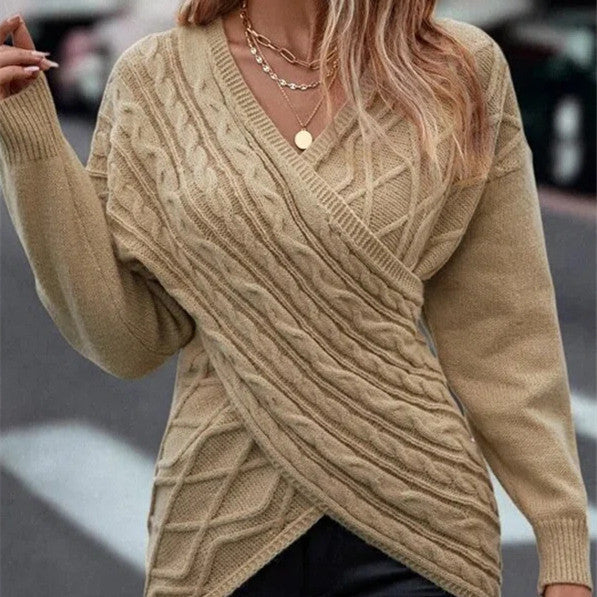 Casual Solid Color V-Neck Cross Brocade Sweater