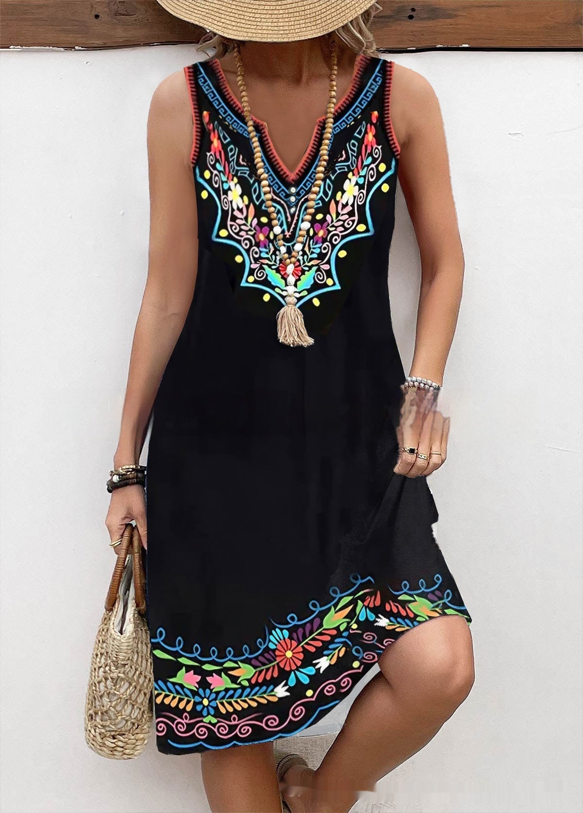 Vintage Printed V-Neck Sleeveless Dress