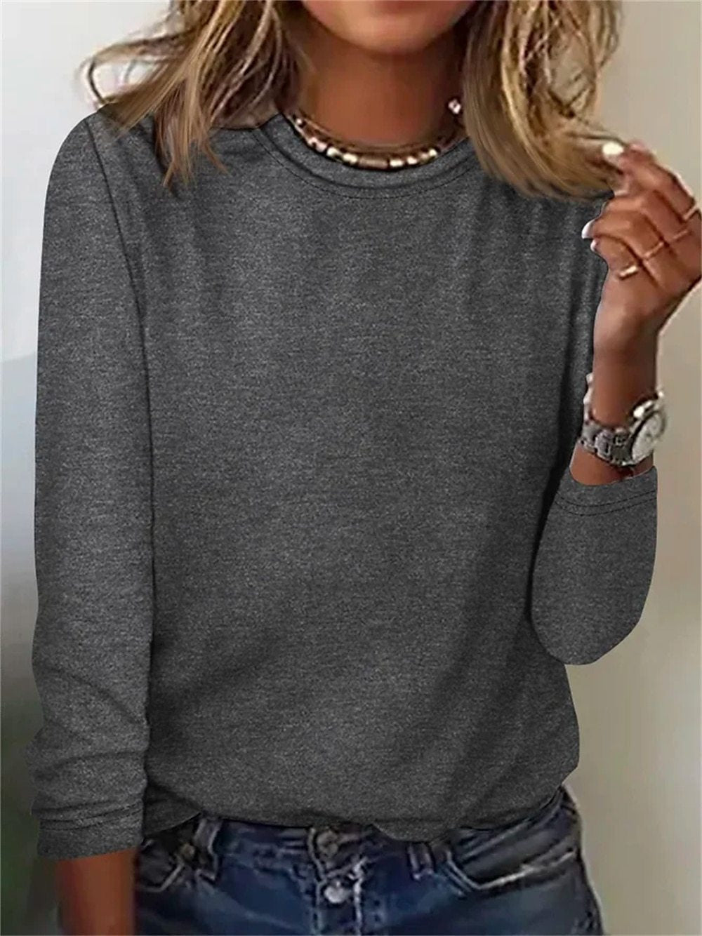 Cotton-Blend Regular Fit Plain Simple Long Sleeve Top