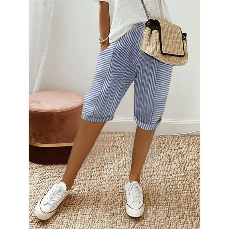 Jacquard Stripe Stitching Loose Casual Five Point Pants