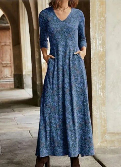 Vintage Print V-Neck Pocket Long Sleeve Maxi Dress