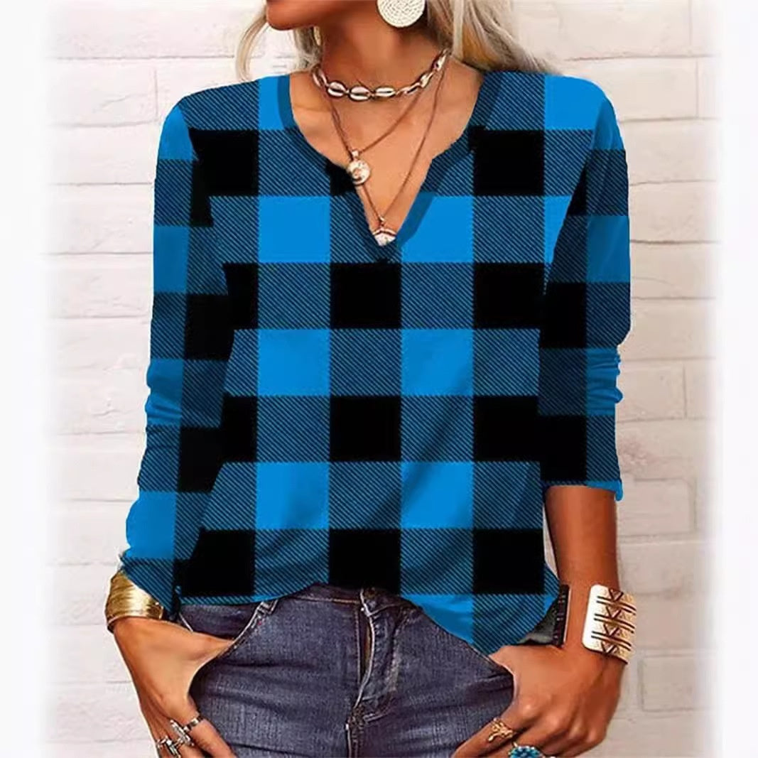 Plaid & Printed Top V-neck Loose Long Sleeve Shirt