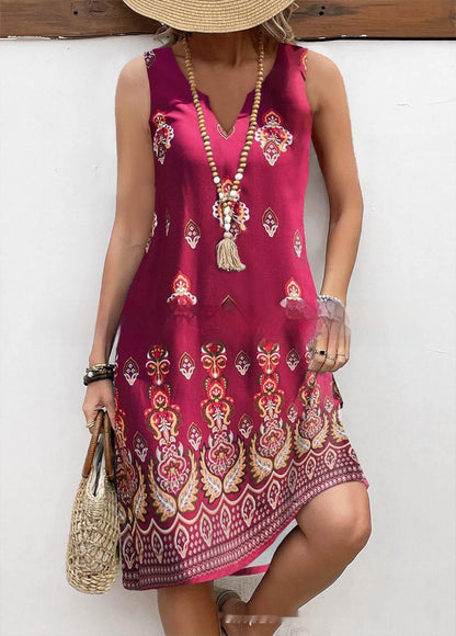 Vintage Printed V-Neck Sleeveless Dress