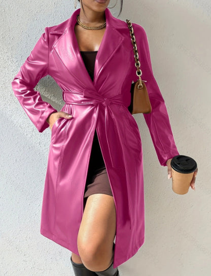 Slim Fit Long Sleeve Lapel PU Leather Trench Coat