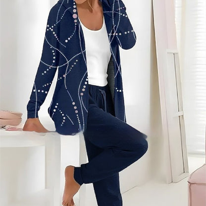 Printed Cardigan Coat and Solid Color Two-Piece Set