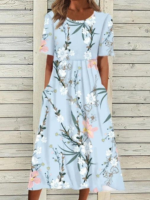 Casual Round Neck Printed Pocket Dress