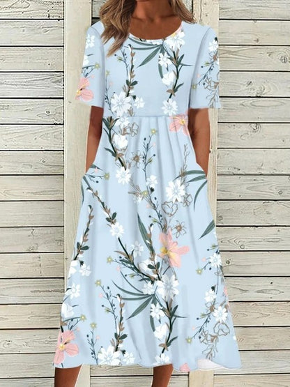 Casual Round Neck Printed Pocket Dress