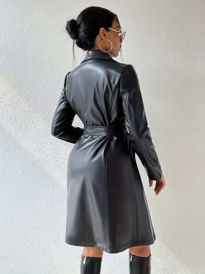 Slim Fit Long Sleeve Lapel PU Leather Trench Coat