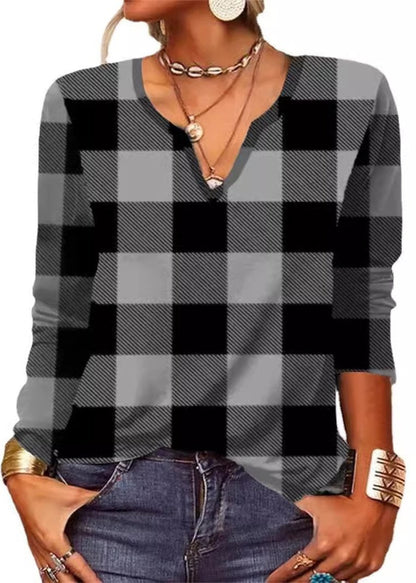 Plaid & Printed Top V-neck Loose Long Sleeve Shirt