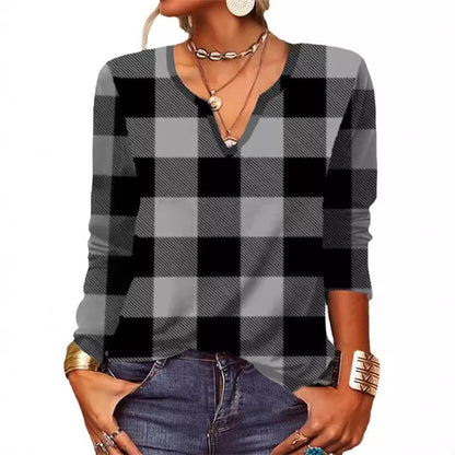 Plaid & Printed Top V-neck Loose Long Sleeve Shirt