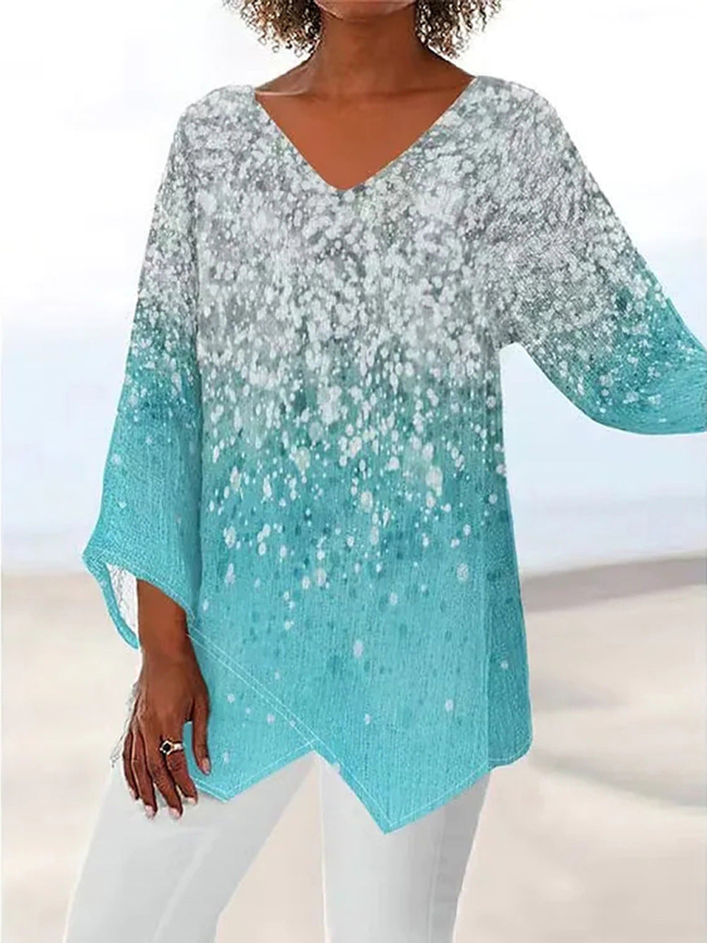 Casual Loose And Irregular Printed Long Sleeve V-neck Top