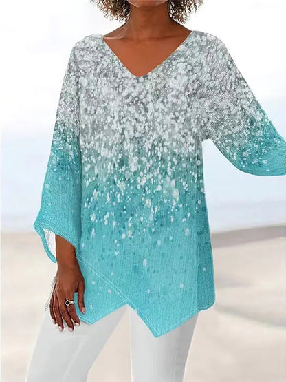 Casual Loose And Irregular Printed Long Sleeve V-neck Top