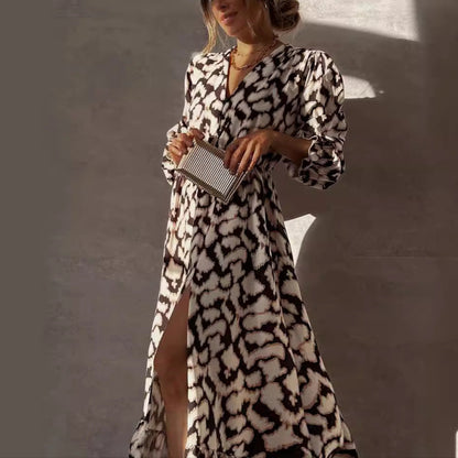 Printed V-Neck Split Ruffled Long Sleeve Maxi Dress