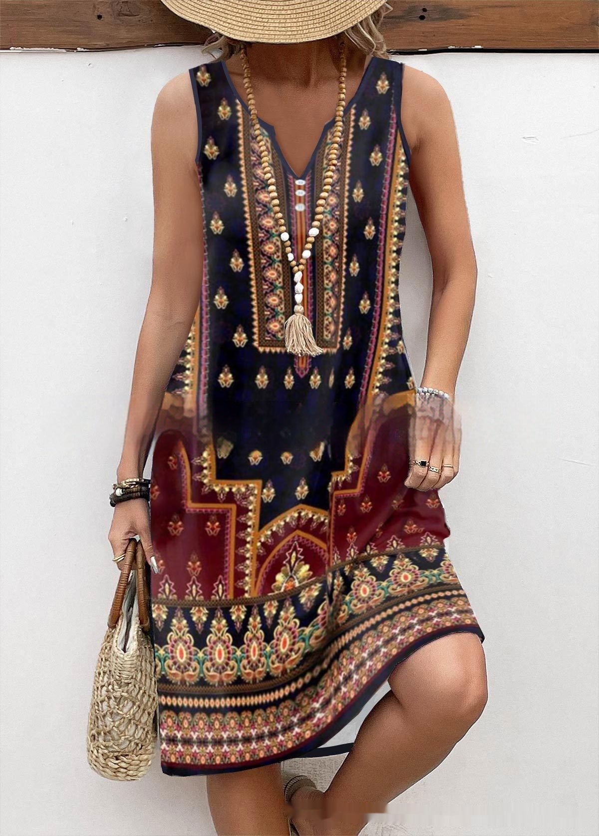 Vintage Printed V-Neck Sleeveless Dress