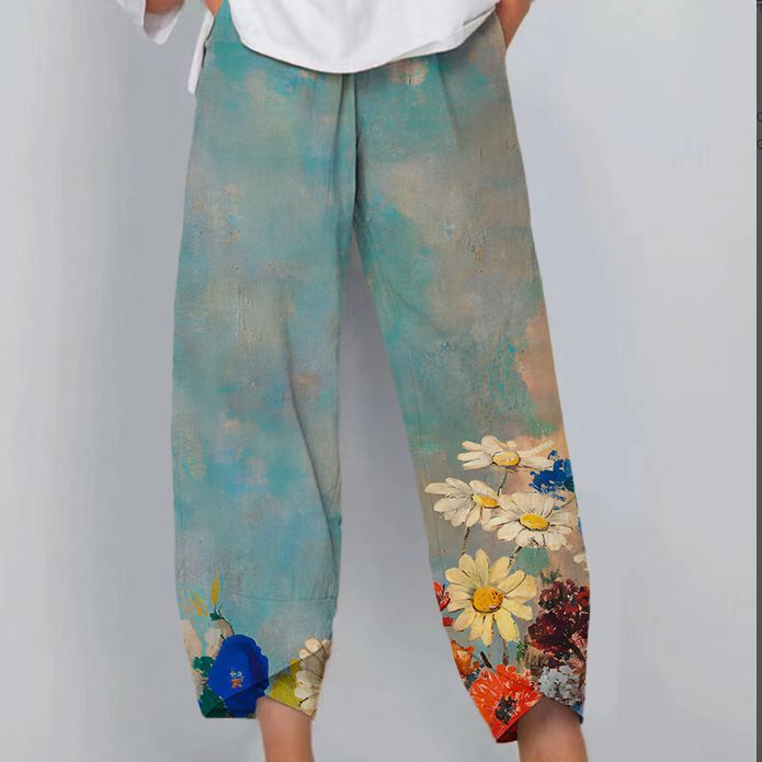 Casual Loose Printed Elastic Waist Straight Leg Pants