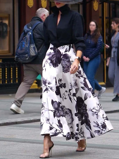 Solid Color Long-sleeved Shirt & Printed Wide Skirt Suit