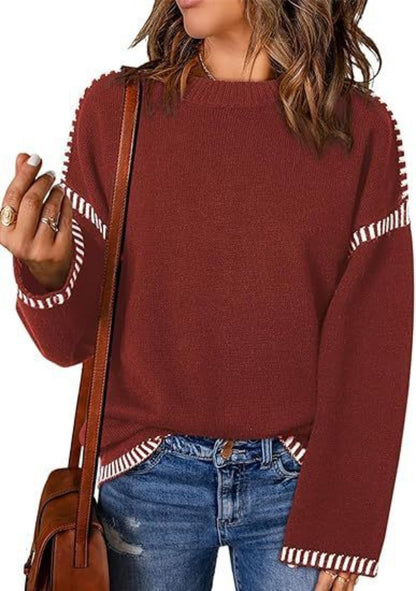 Loose Solid Round Neck Pullover Long Sleeve Top