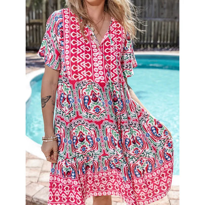 Fresh Print Short Sleeve Mini Dress