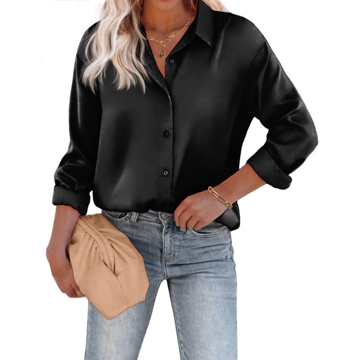 Casual Long Sleeve Satin Silk Button Down Blouse