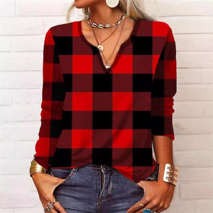 Plaid & Printed Top V-neck Loose Long Sleeve Shirt