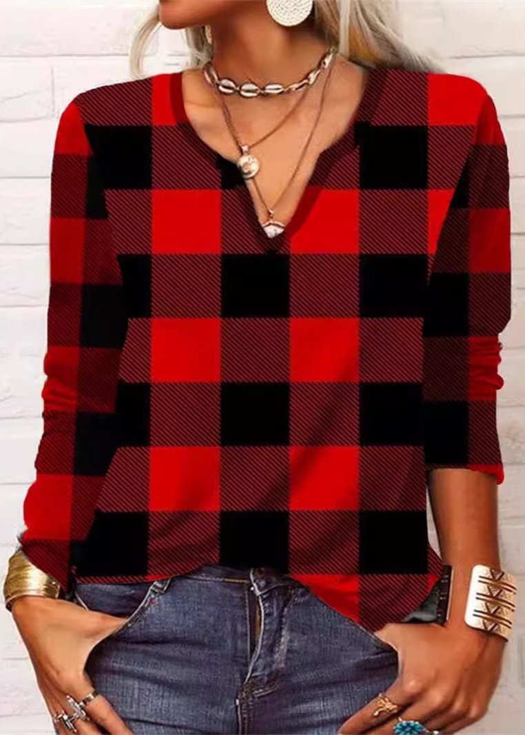 Plaid & Printed Top V-neck Loose Long Sleeve Shirt