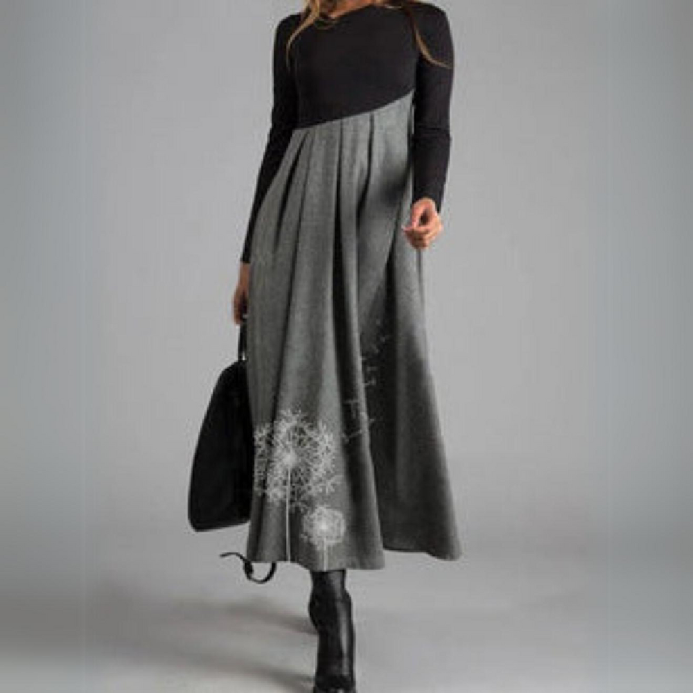 V-Neck Long-Sleeved Print Stitching Woolen Dress