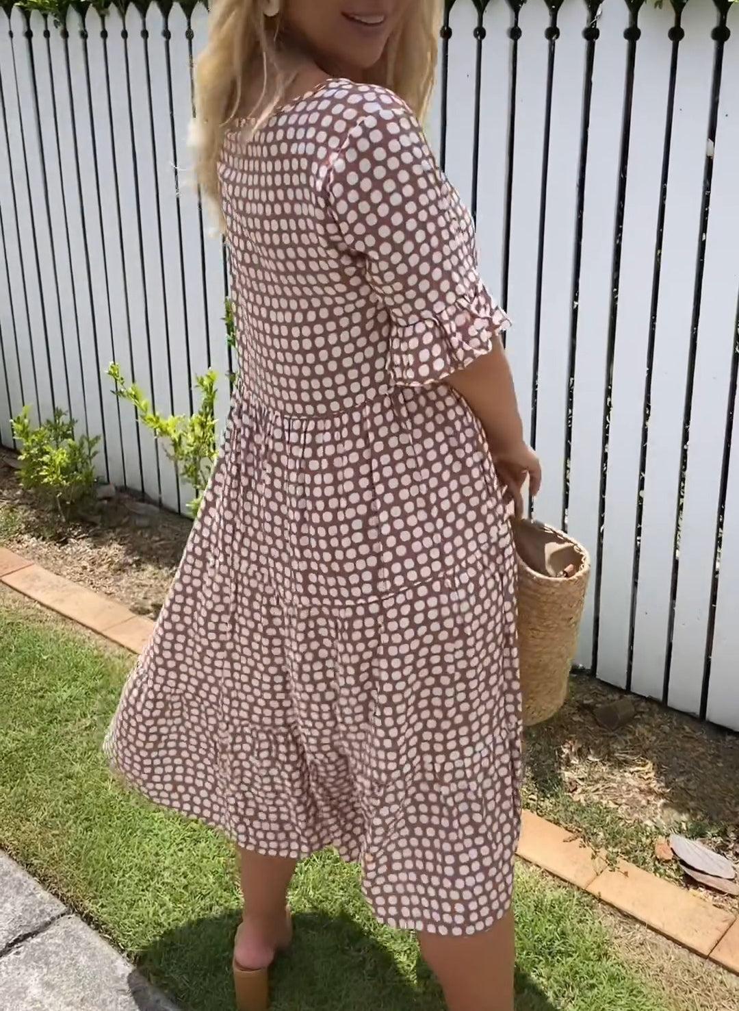 Polka Dot Short Sleeve Round Neck Midi Dress