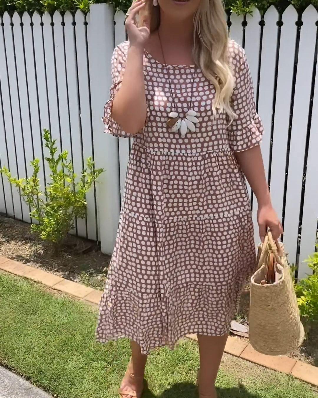 Polka Dot Short Sleeve Round Neck Midi Dress