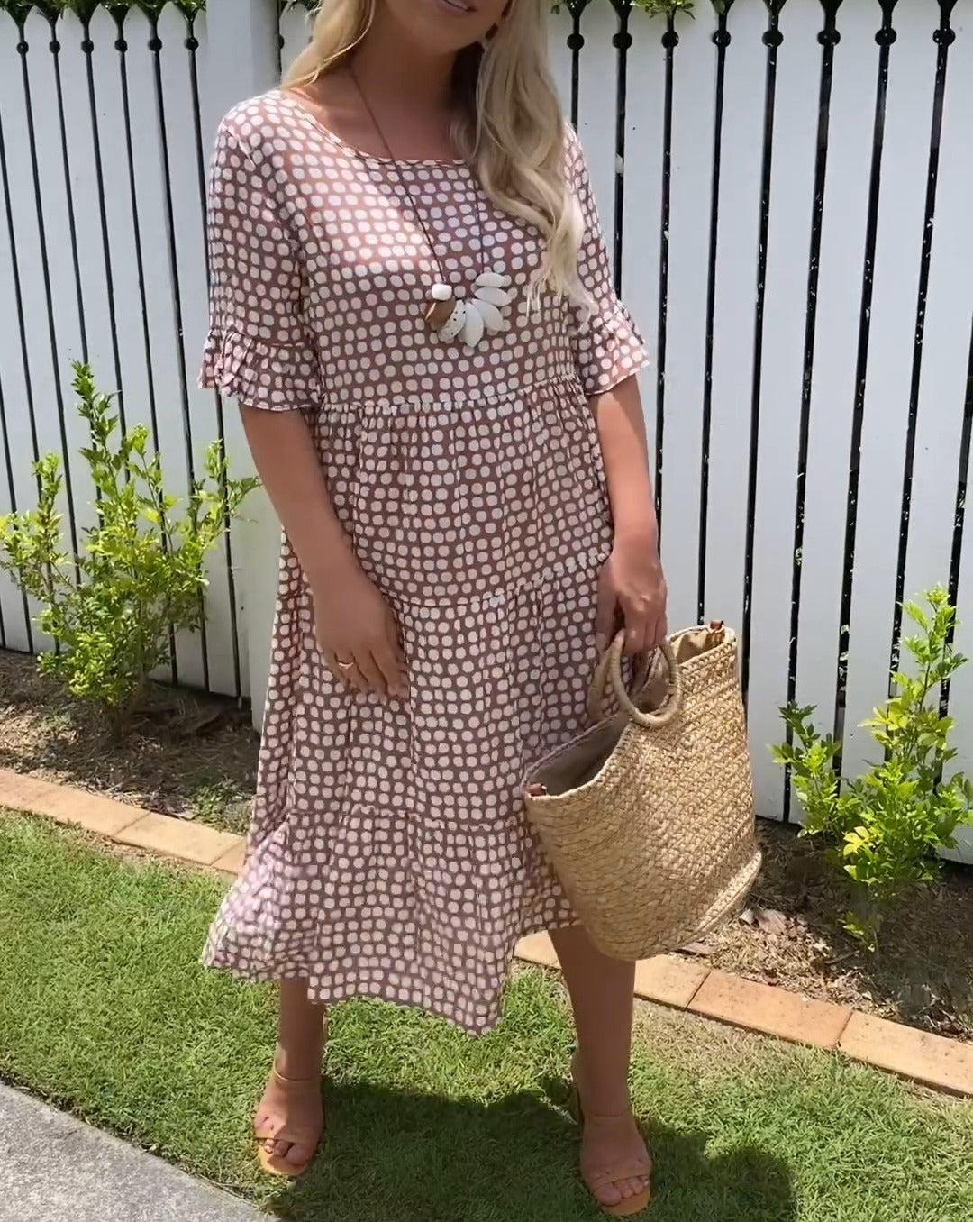 Polka Dot Short Sleeve Round Neck Midi Dress