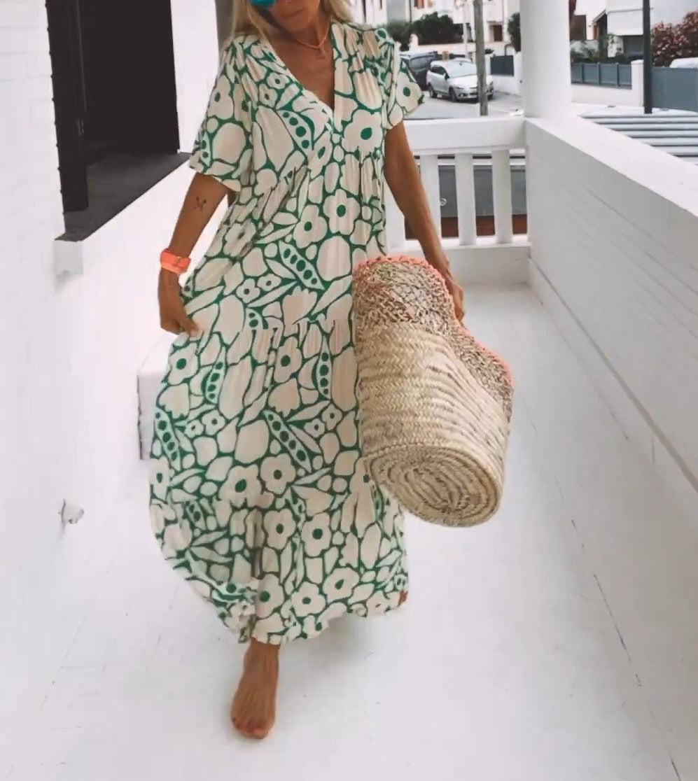 Printed Short-sleeved Deep V-neck Long Dress