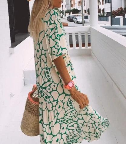 Printed Short-sleeved Deep V-neck Long Dress