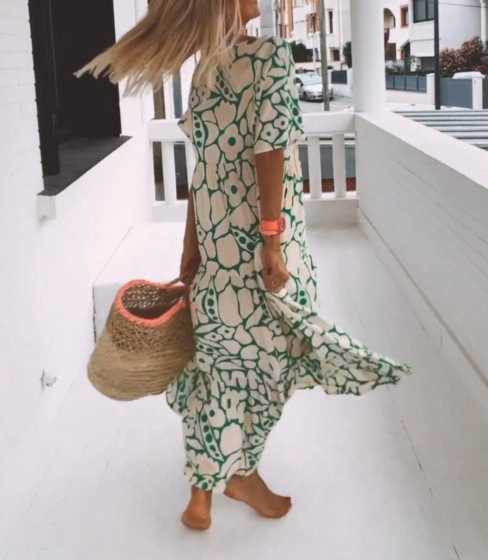 Printed Short-sleeved Deep V-neck Long Dress