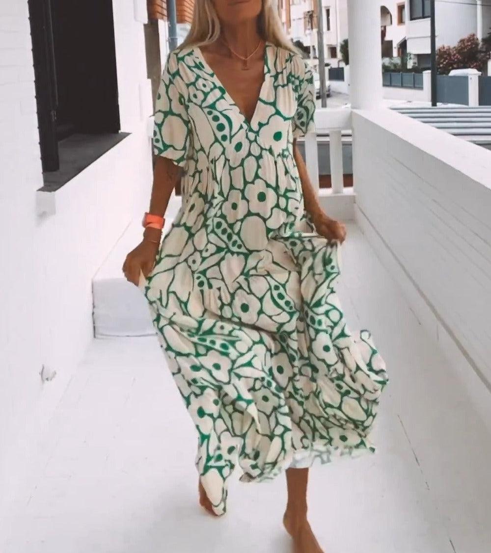 Printed Short-sleeved Deep V-neck Long Dress