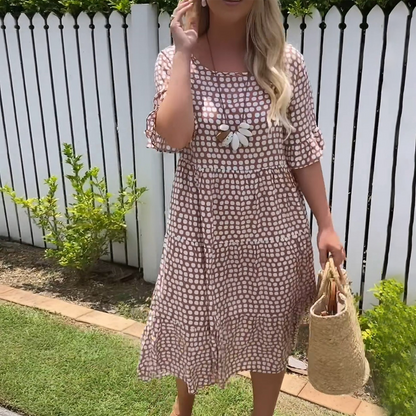 Polka Dot Short Sleeve Round Neck Midi Dress