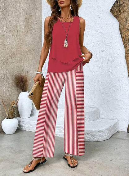 Red Striped Sleeveless Two Piece Set