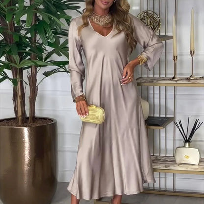 Chic Plain V-Neck Long Sleeve Midi Dress