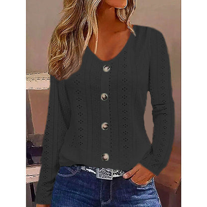 Solid Color Jacquard V-neck Buttons Long-sleeved Top