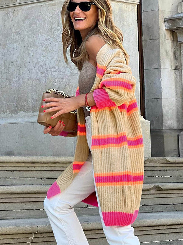 Casual Striped Mid-Length Cardigan