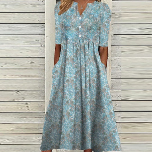 Elegant Printed Pleated V-Neck Pocket Maxi Dress