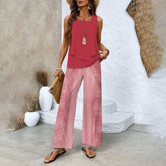 Red Striped Sleeveless Two Piece Set