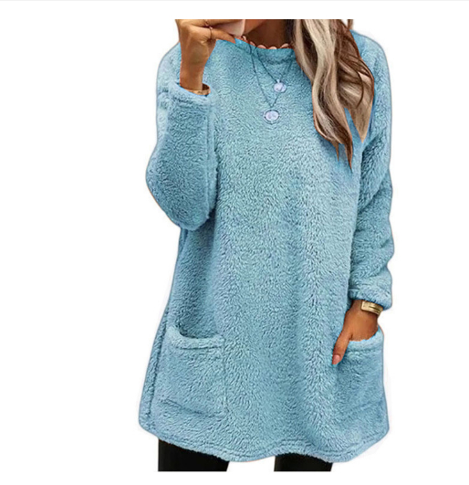 Pockets Fleece Pullover Long Sweater