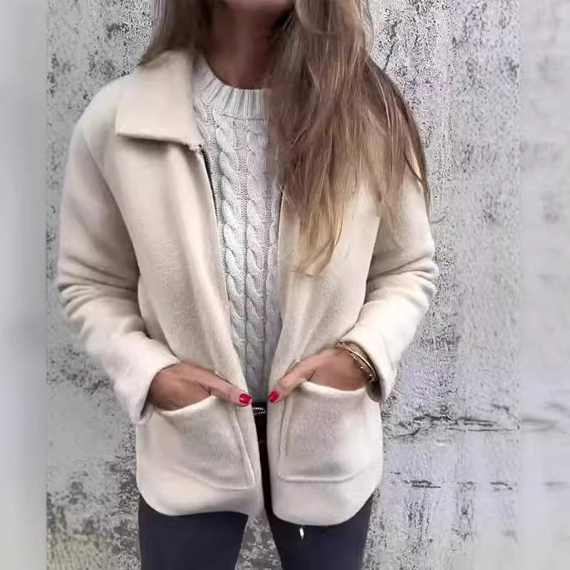 Lapel Zipper Jacket With Pockets Solid Color Coat