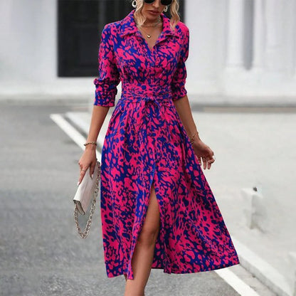 Printed Button Front Elegant Long Sleeve Midi Dress