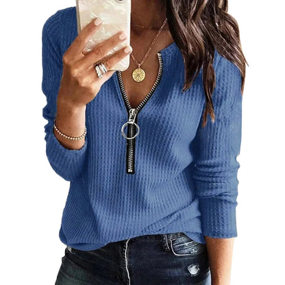 Plain V-Neck Zipper Long Sleeve Top