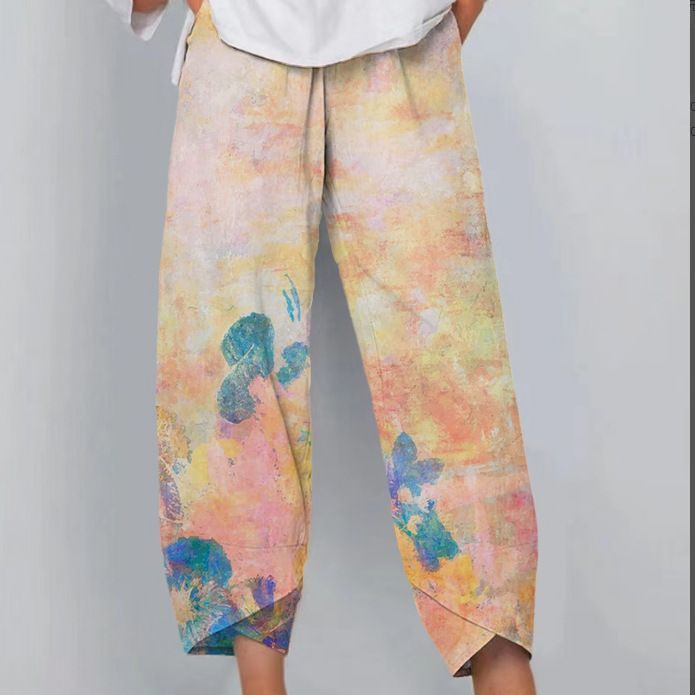 Casual Loose Printed Elastic Waist Straight Leg Pants