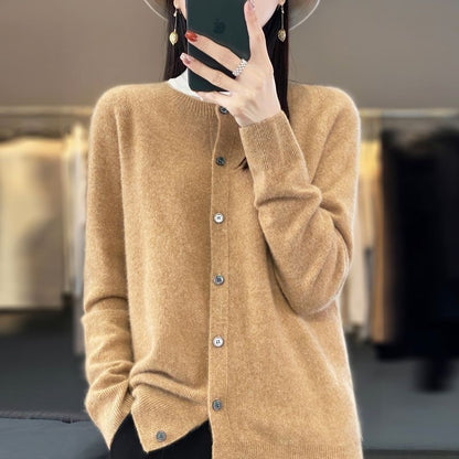 Elegant Wool Round Neck Long Sleeve Cashmere Cardigan