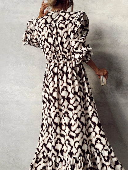 Printed V-Neck Split Ruffled Long Sleeve Maxi Dress